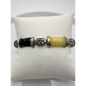 Vintage Sterling Silver Natural Jade Black Onyx Marcasite Bracelet 7.5”